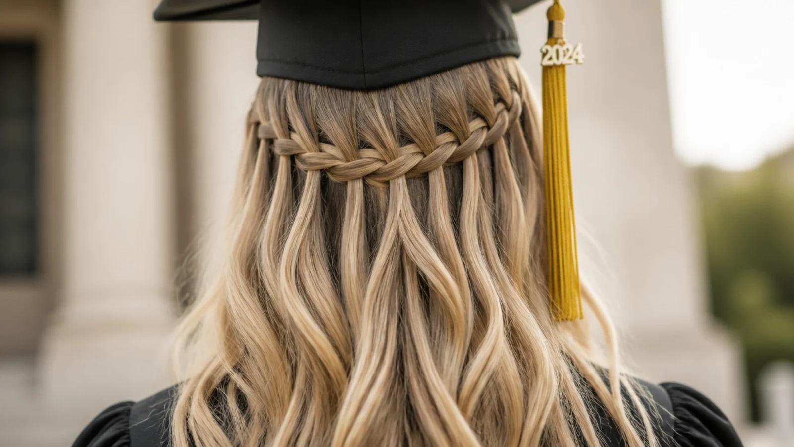 A waterfall braid crossing the back of the head with strands falling through it