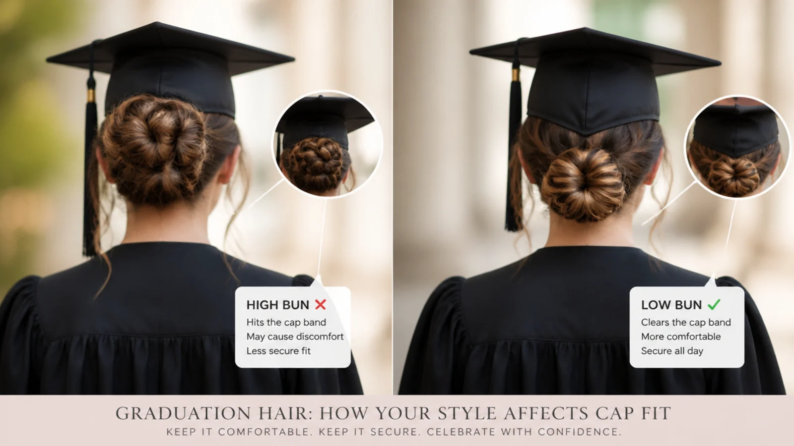 A mortarboard resting level on flat braided hair, photographed from the side