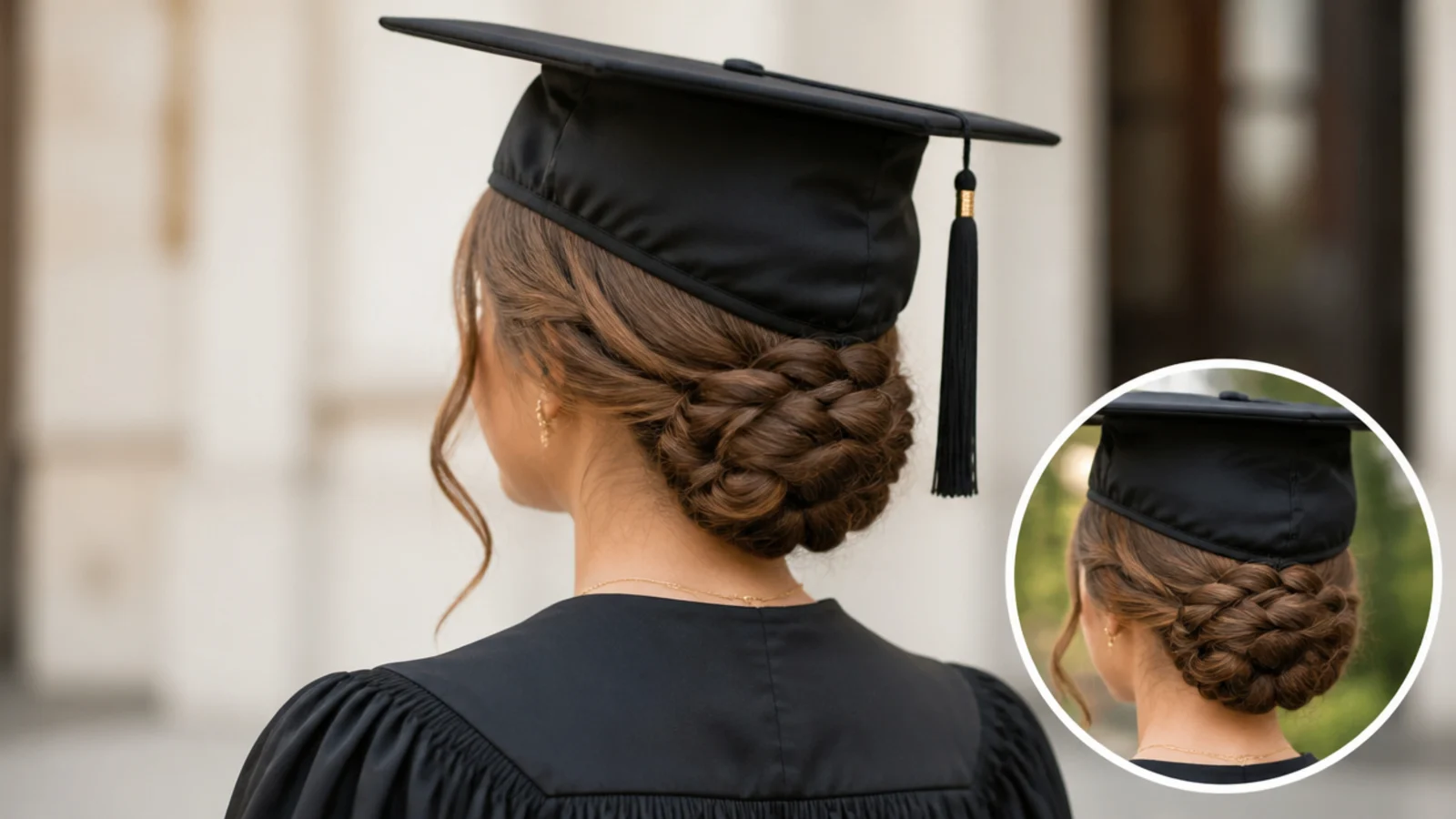 A graduate lifting her cap off to reveal an intact braid underneath