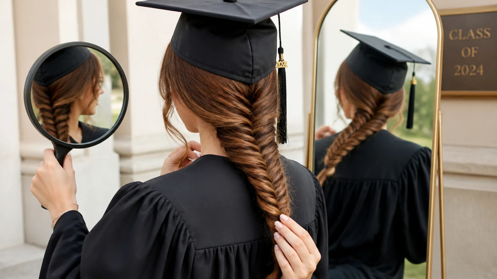 Hands braiding a side section forward over one shoulder in front of a mirror