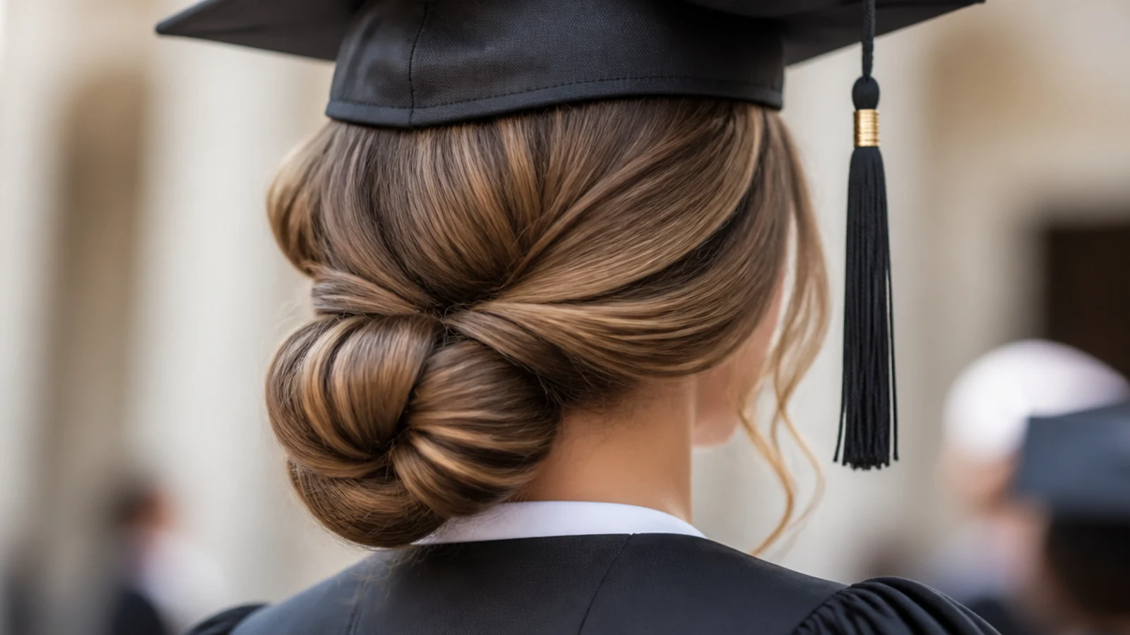 A twisted low bun at the nape secured with two pins