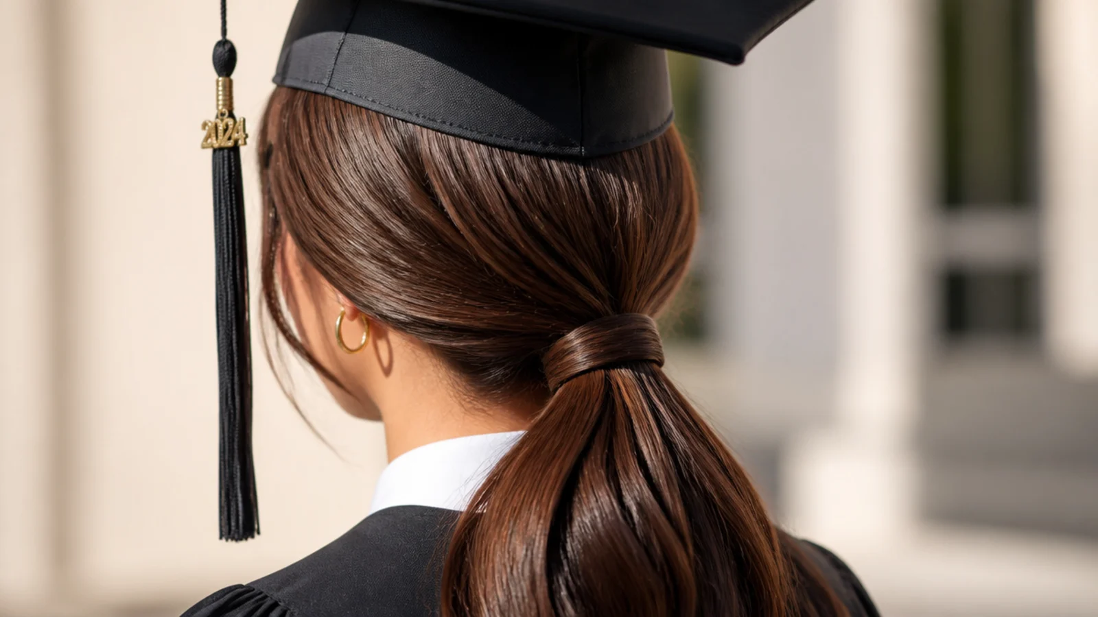 A smooth low ponytail with a flat hairline against a dark gown