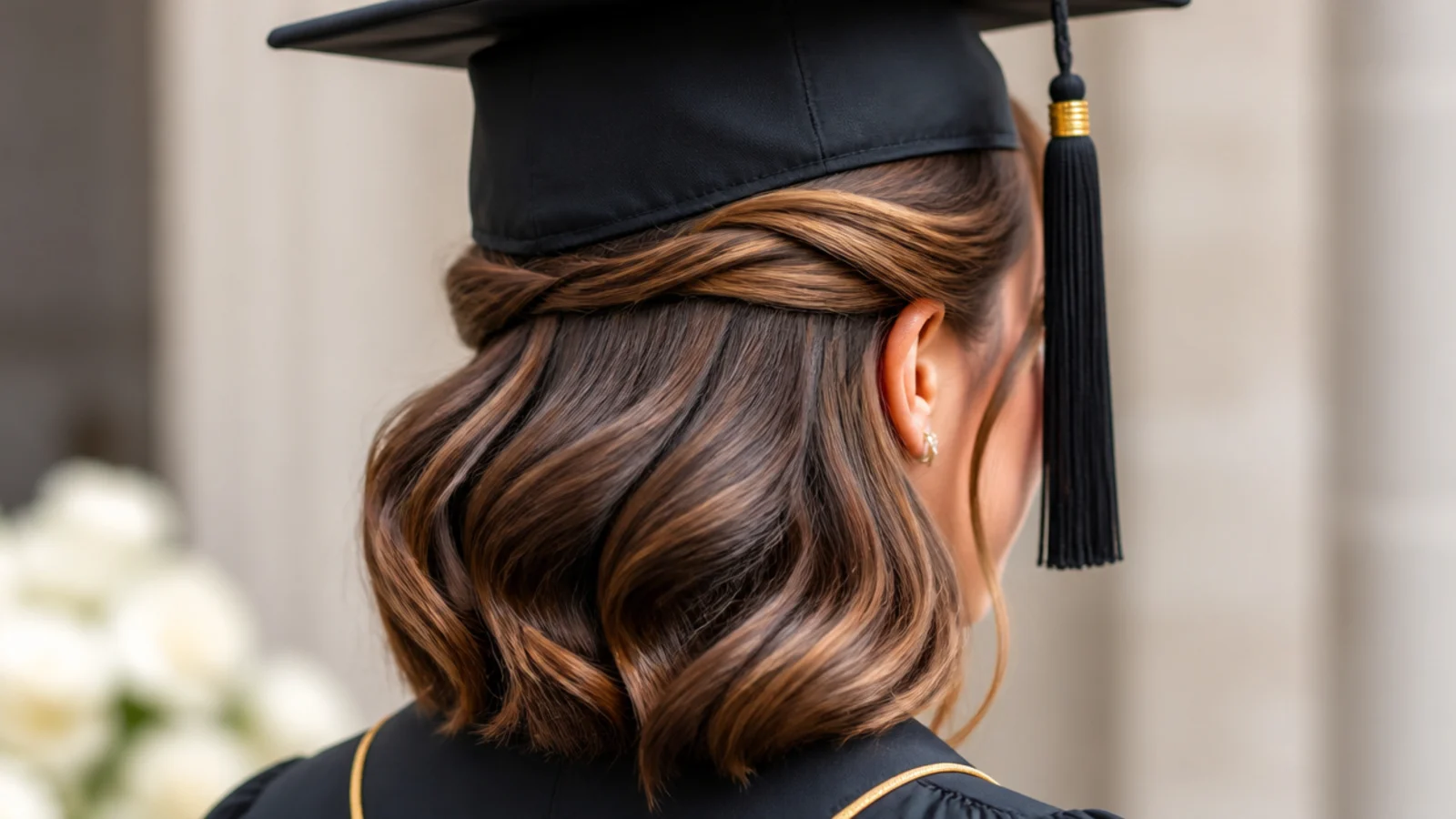 Waved hair swept over one shoulder with a deep side parting
