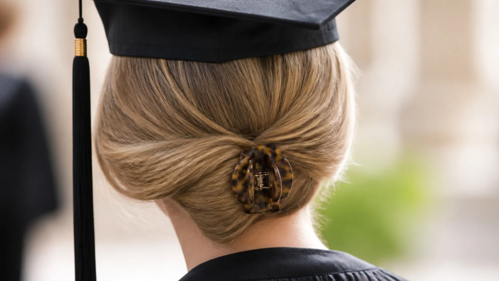 Hair twisted up and held with a large claw clip at the back of the head