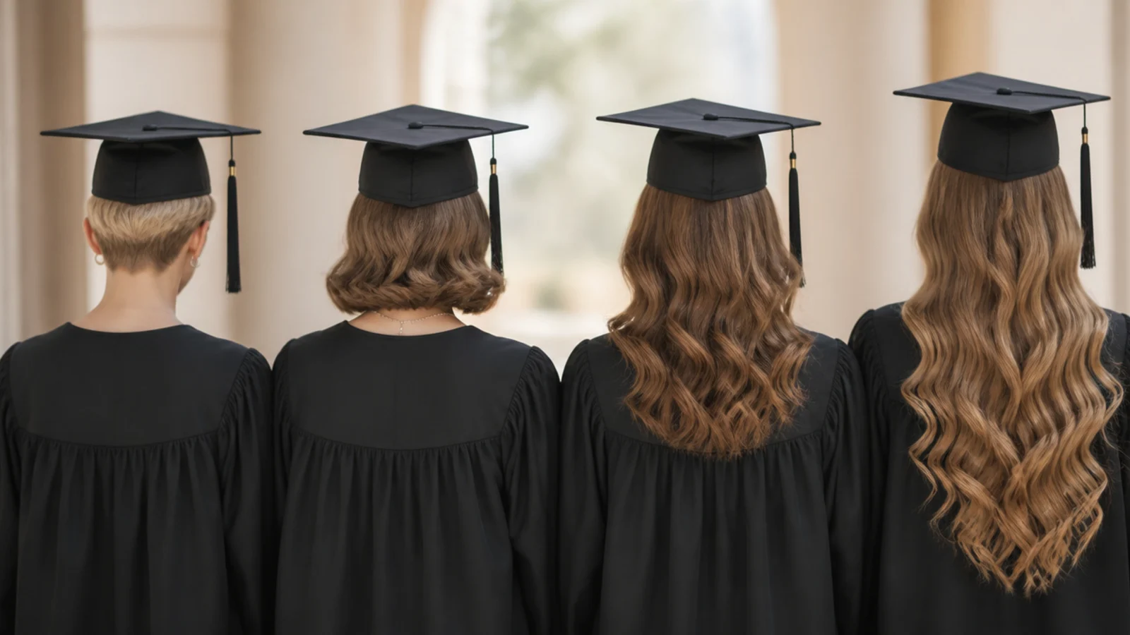 Three graduates side by side with short, shoulder length and very long hair styled for a cap
