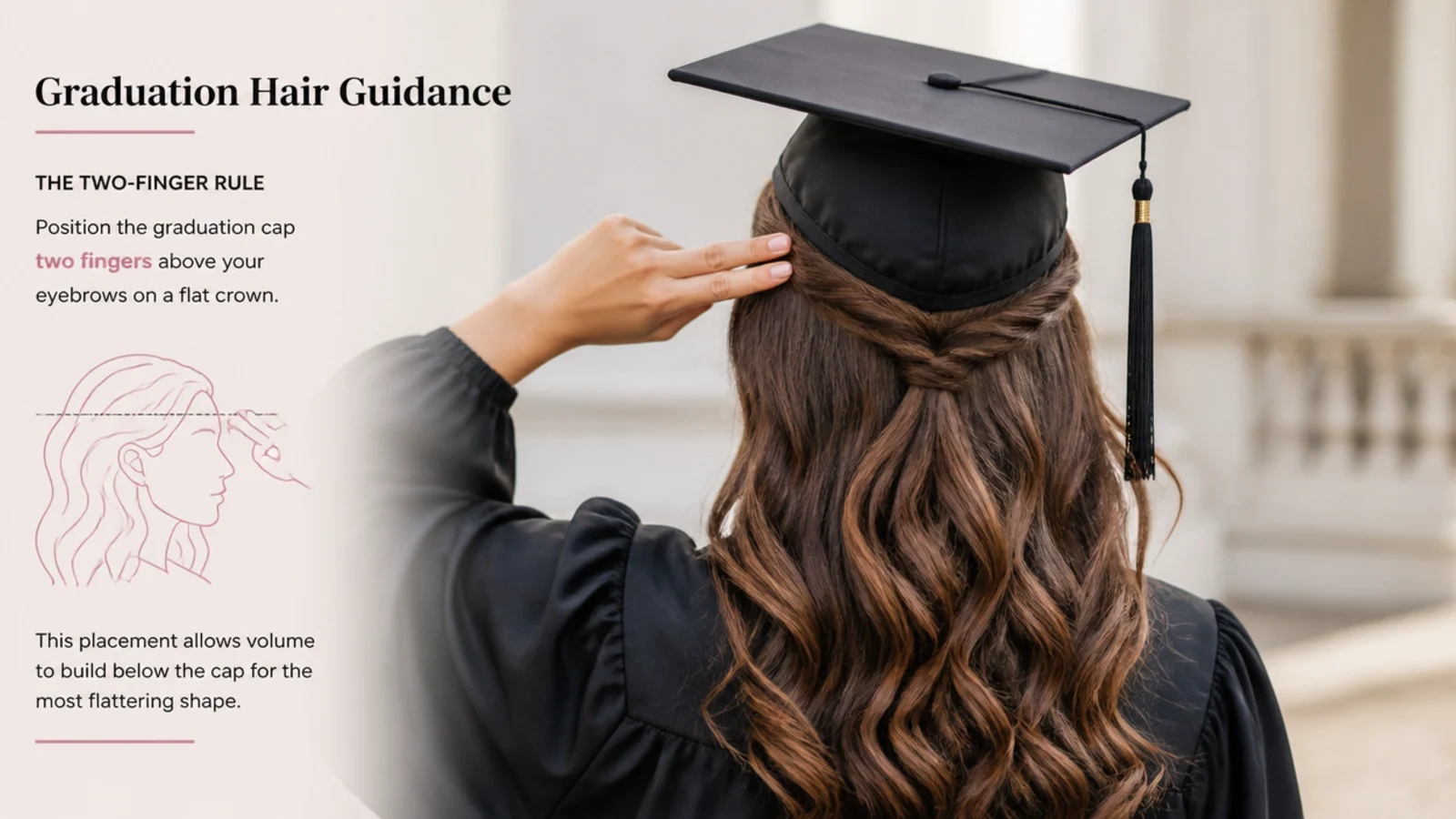 A mortarboard worn level with the front edge just above the eyebrows, seen from the side