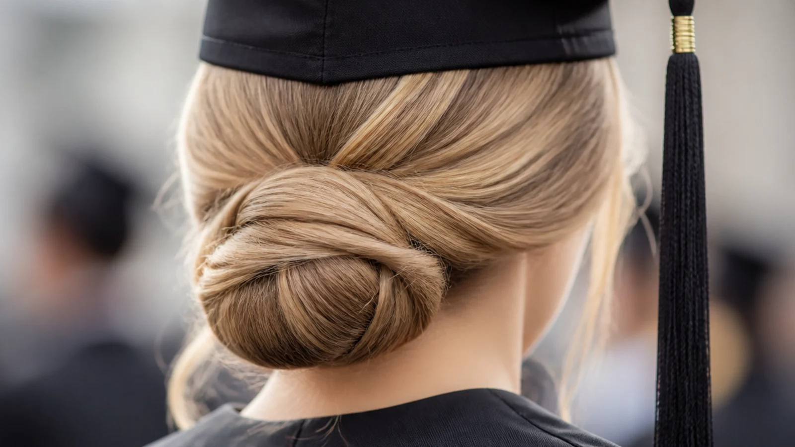 A neat low bun sitting at the nape below a plain gown collar