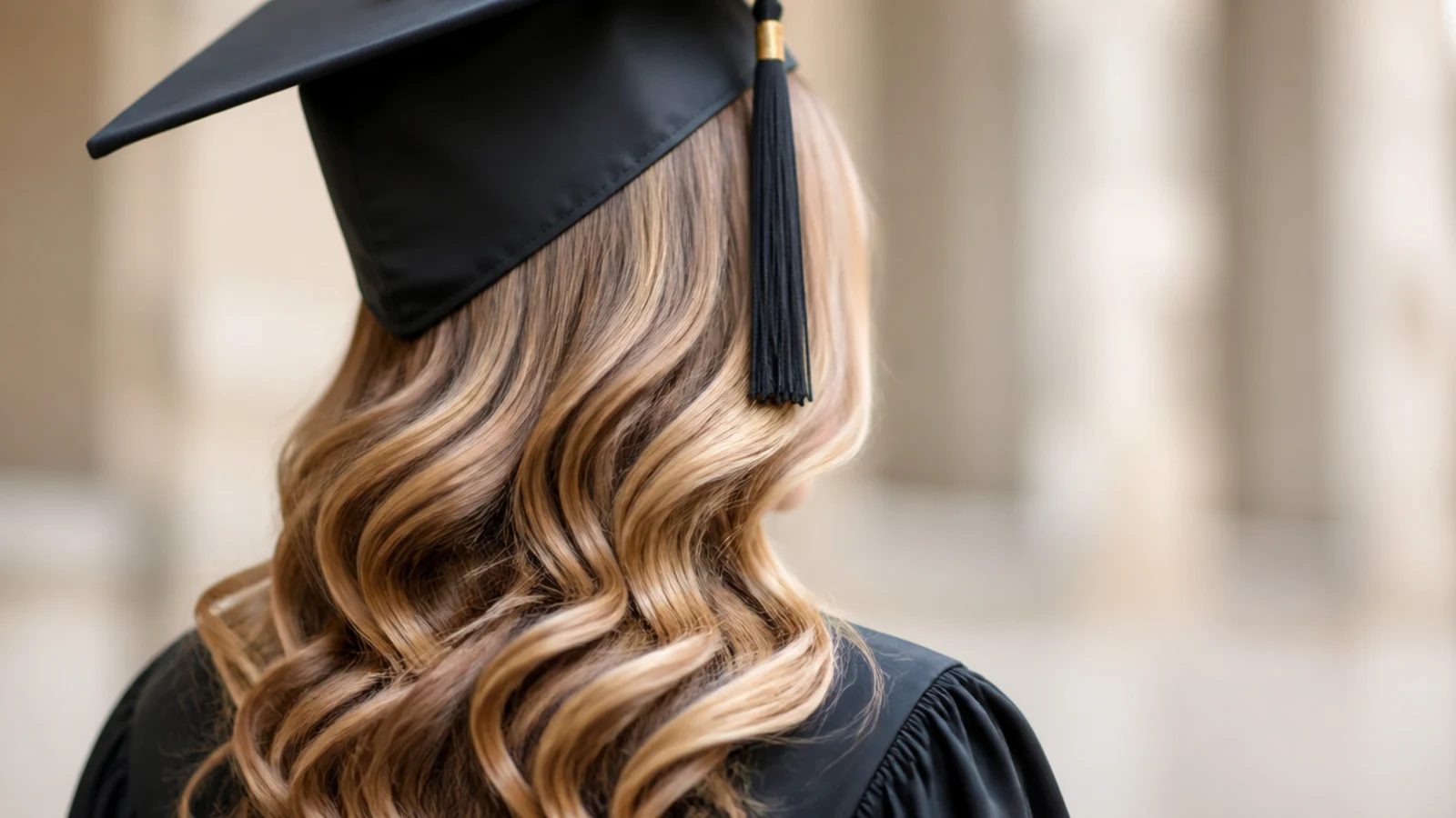 Waved hair swept across to one shoulder under a cap worn level