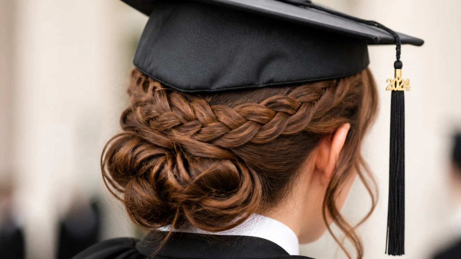 A flat braid curving around the back of the crown with the front hair smooth