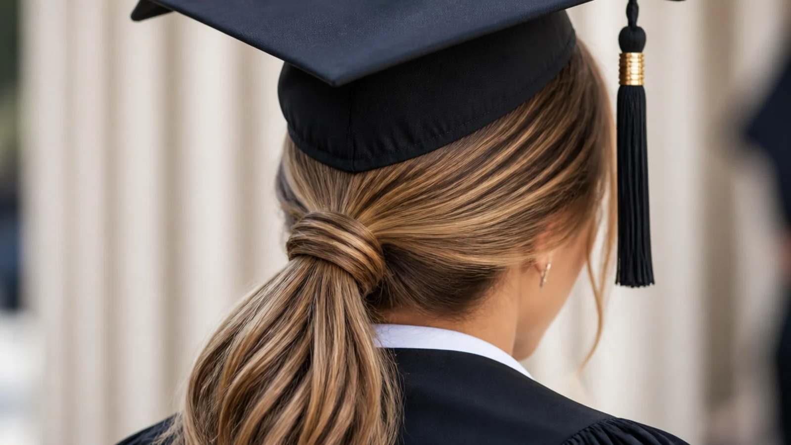 A glossy low ponytail with a flat smooth crown seen from behind