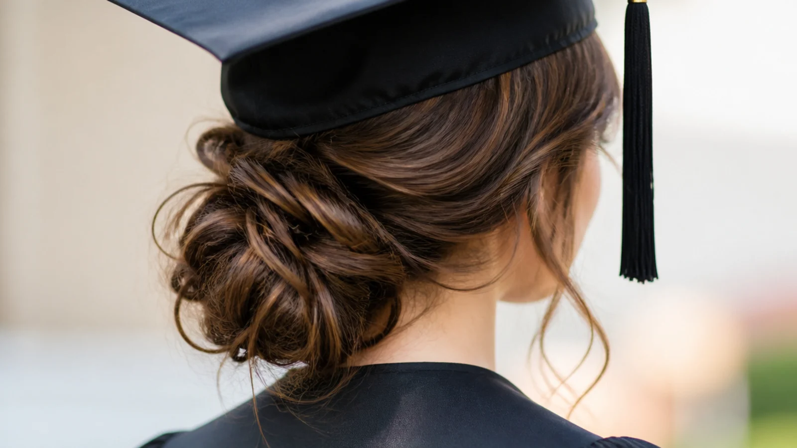 A loose textured bun sitting low and slightly to one side