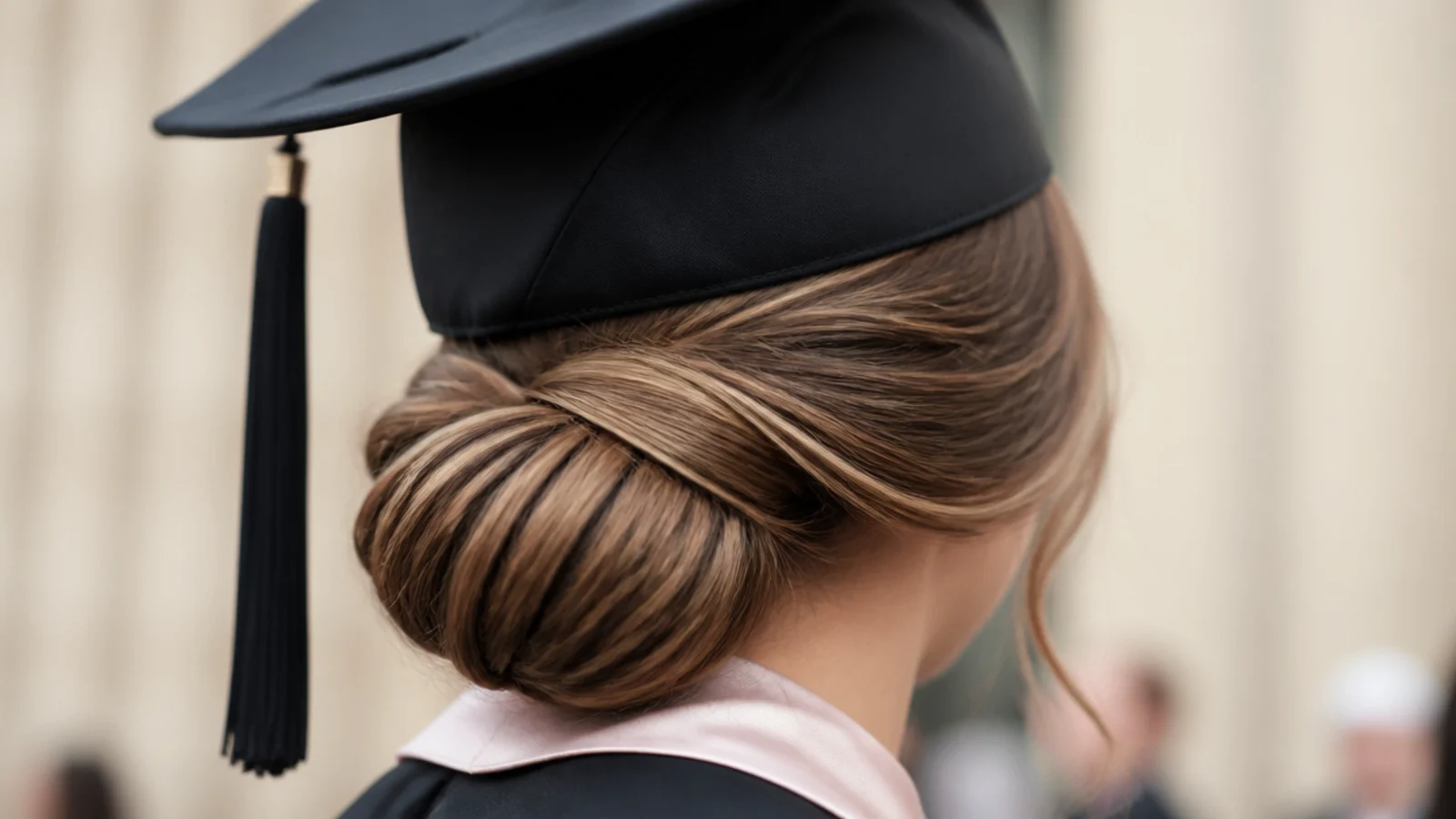 A smooth rolled chignon pinned horizontally across the back of the head