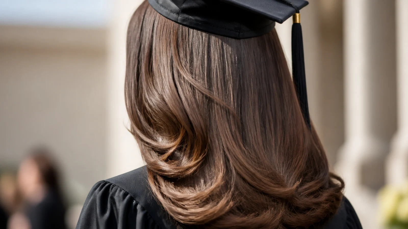 A smooth blowout with a deep side parting falling past the shoulders