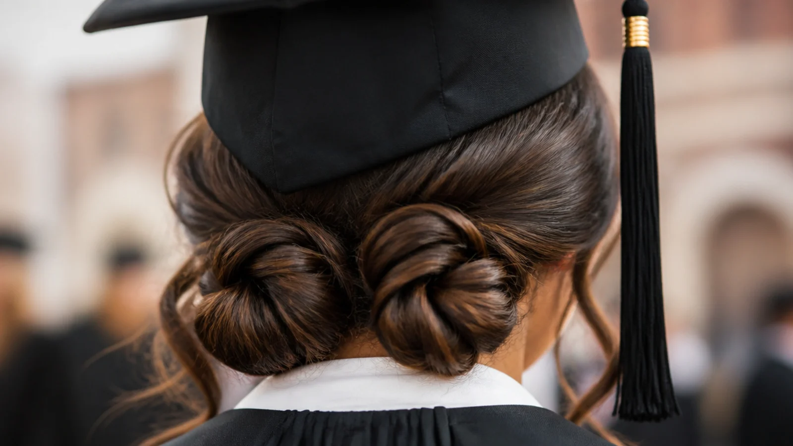 Two small knots sitting side by side at the nape of the neck