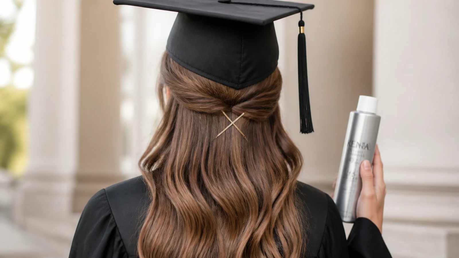 Two bobby pins crossed through a cap band into the hair beneath it, shown close up