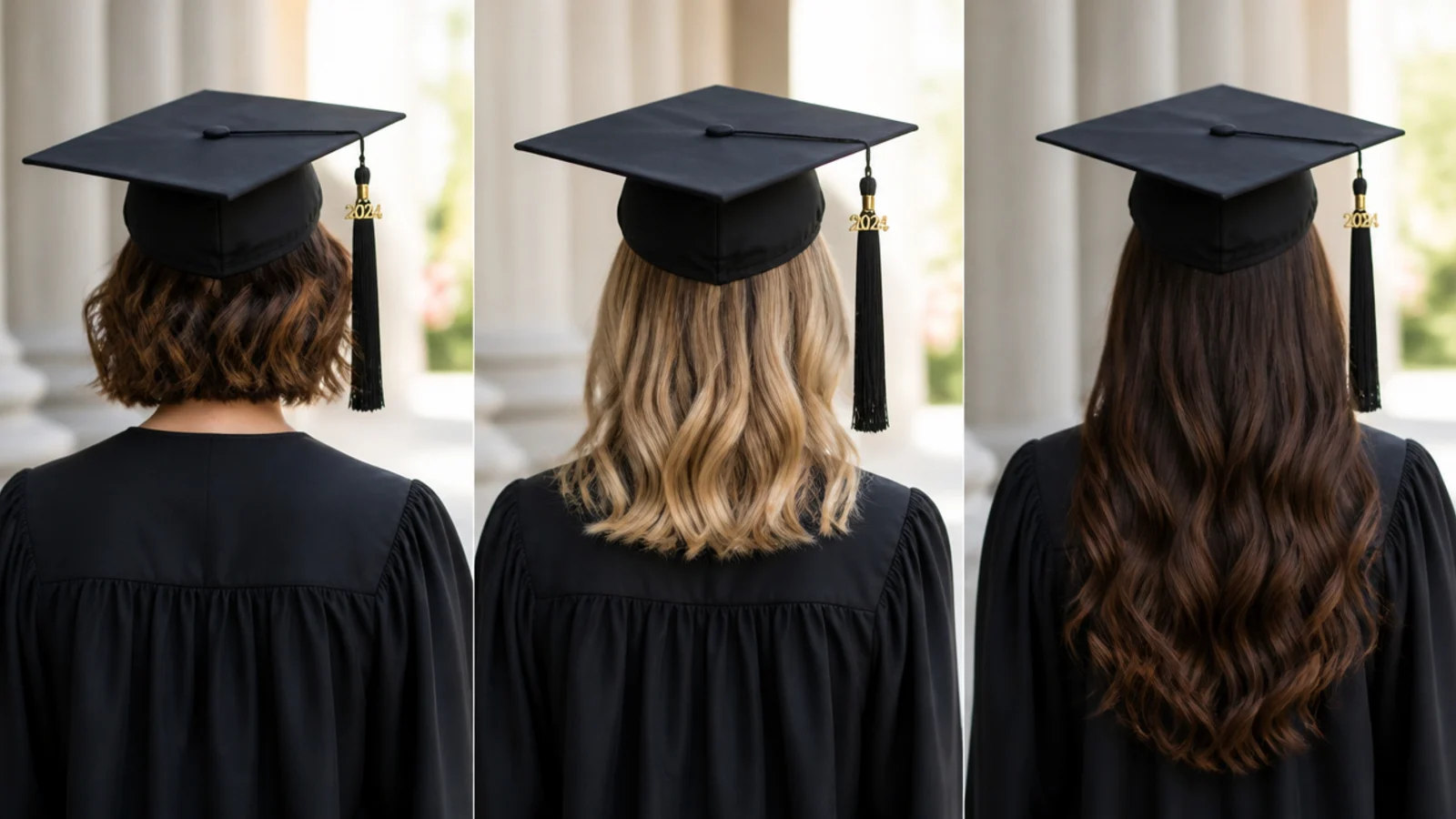 Four heads shown in a row with short, shoulder length, long and coily hair under caps