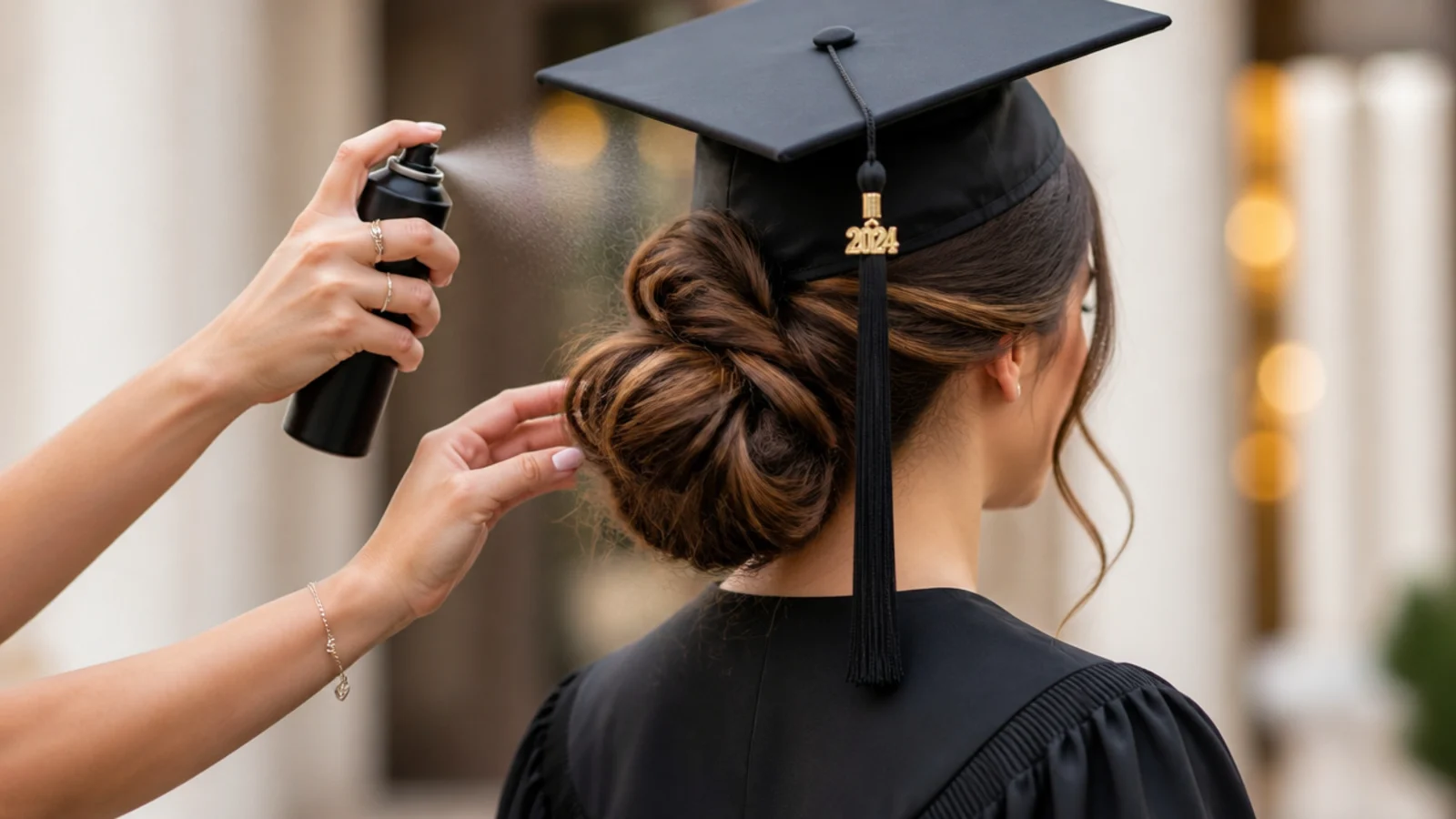 A light mist of hairspray being applied over a finished low updo