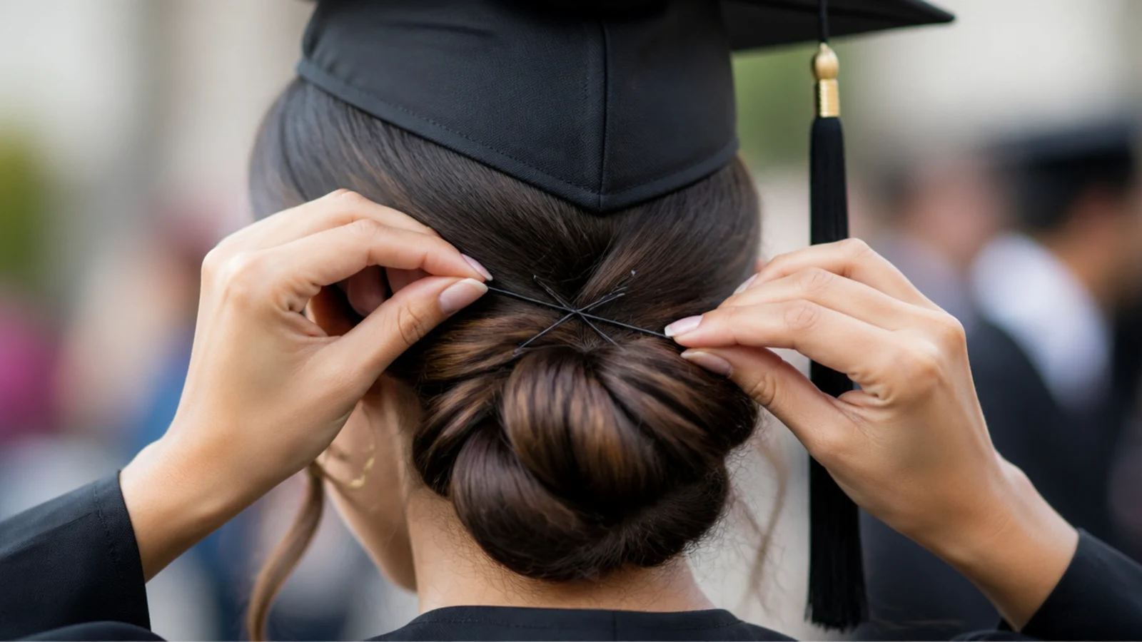 Two pins crossed in an X through the inner band of a mortarboard