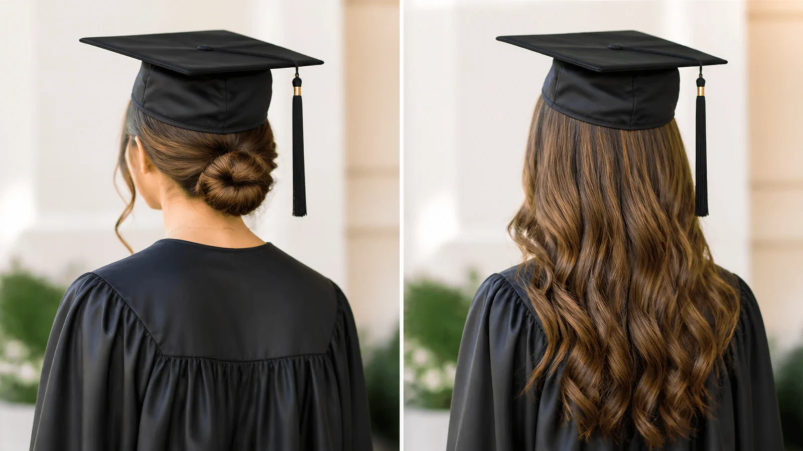 Two graduates side by side, one with an updo under a cap and one with hair worn loose