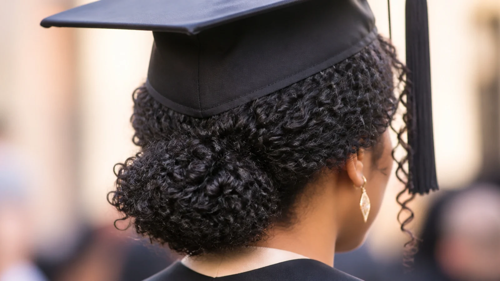 Springy curls coiled into a soft knot at the nape