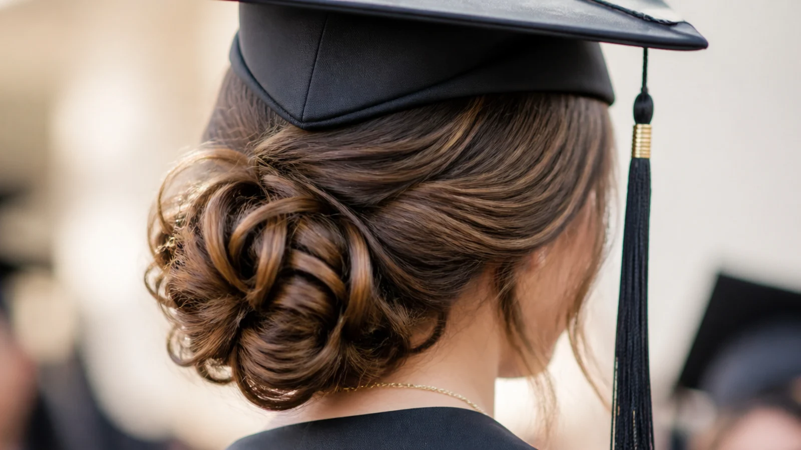Curls gathered into a bun sitting low behind one ear