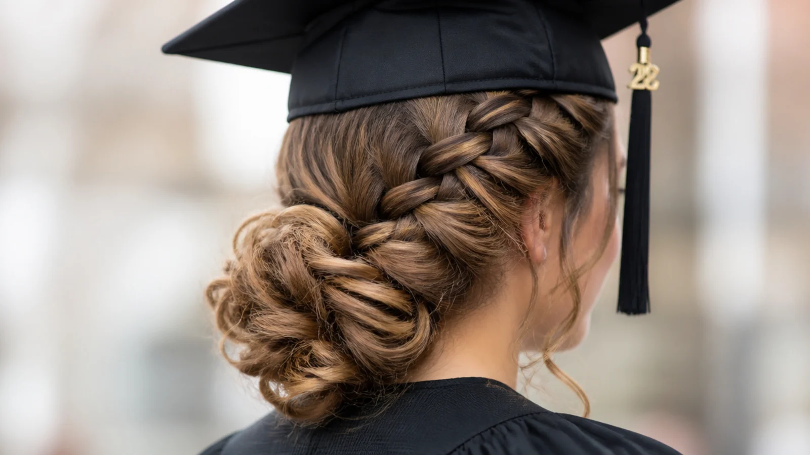 A flat French braid running down into a small bun at the neck
