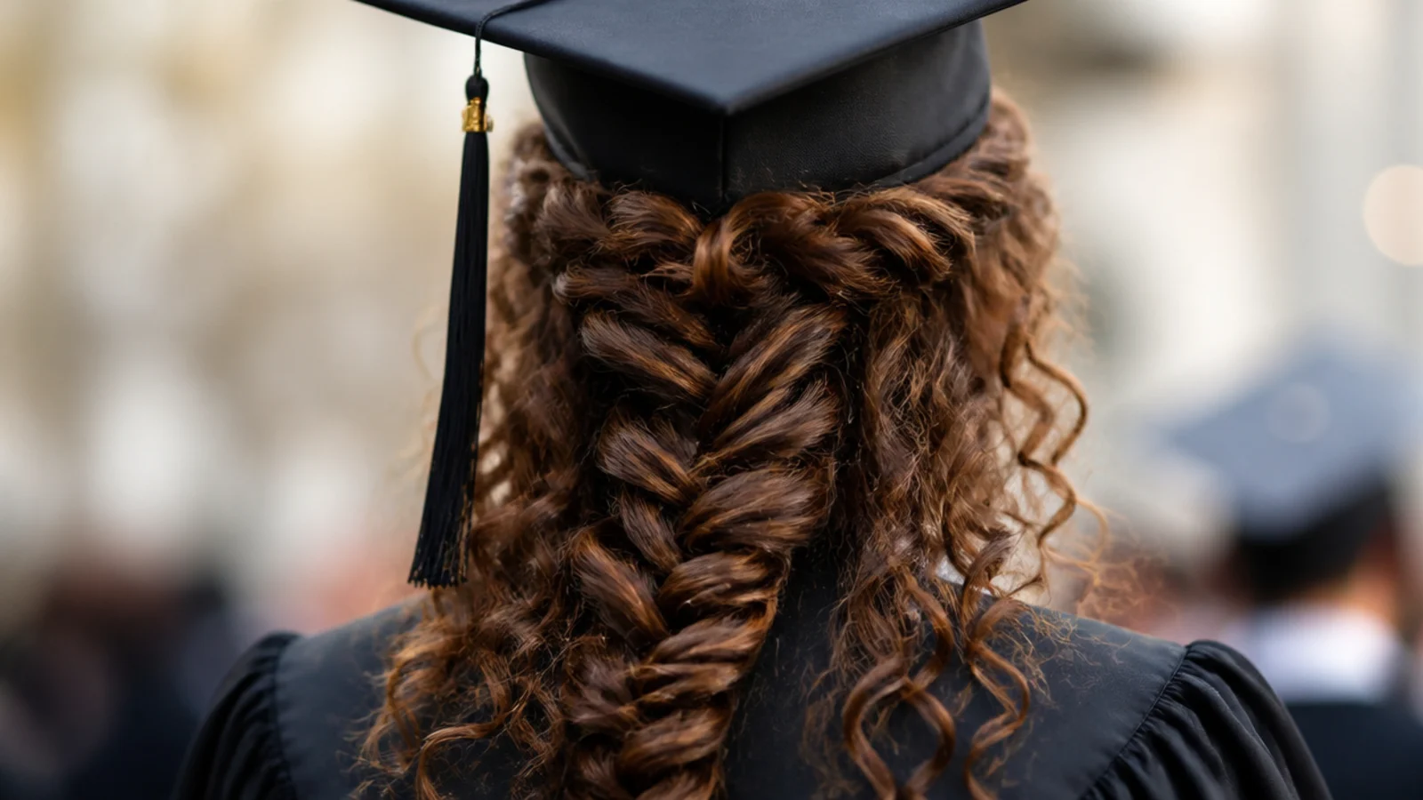 A fishtail braid worked into loose ringlets and worn over one shoulder