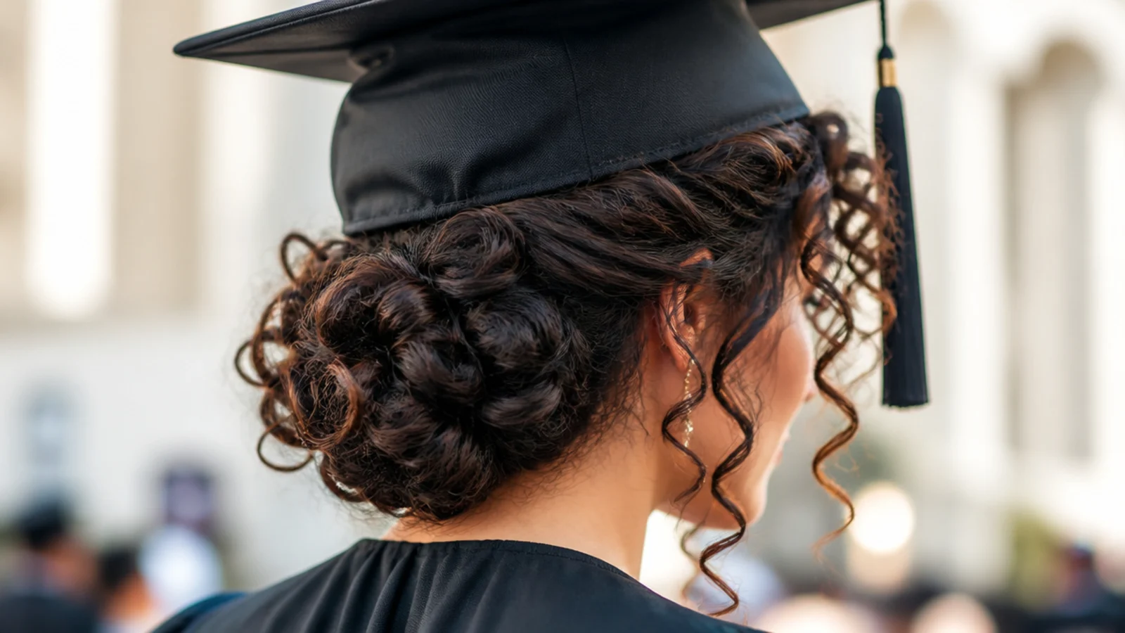 Curly bangs falling across the forehead above defined curls