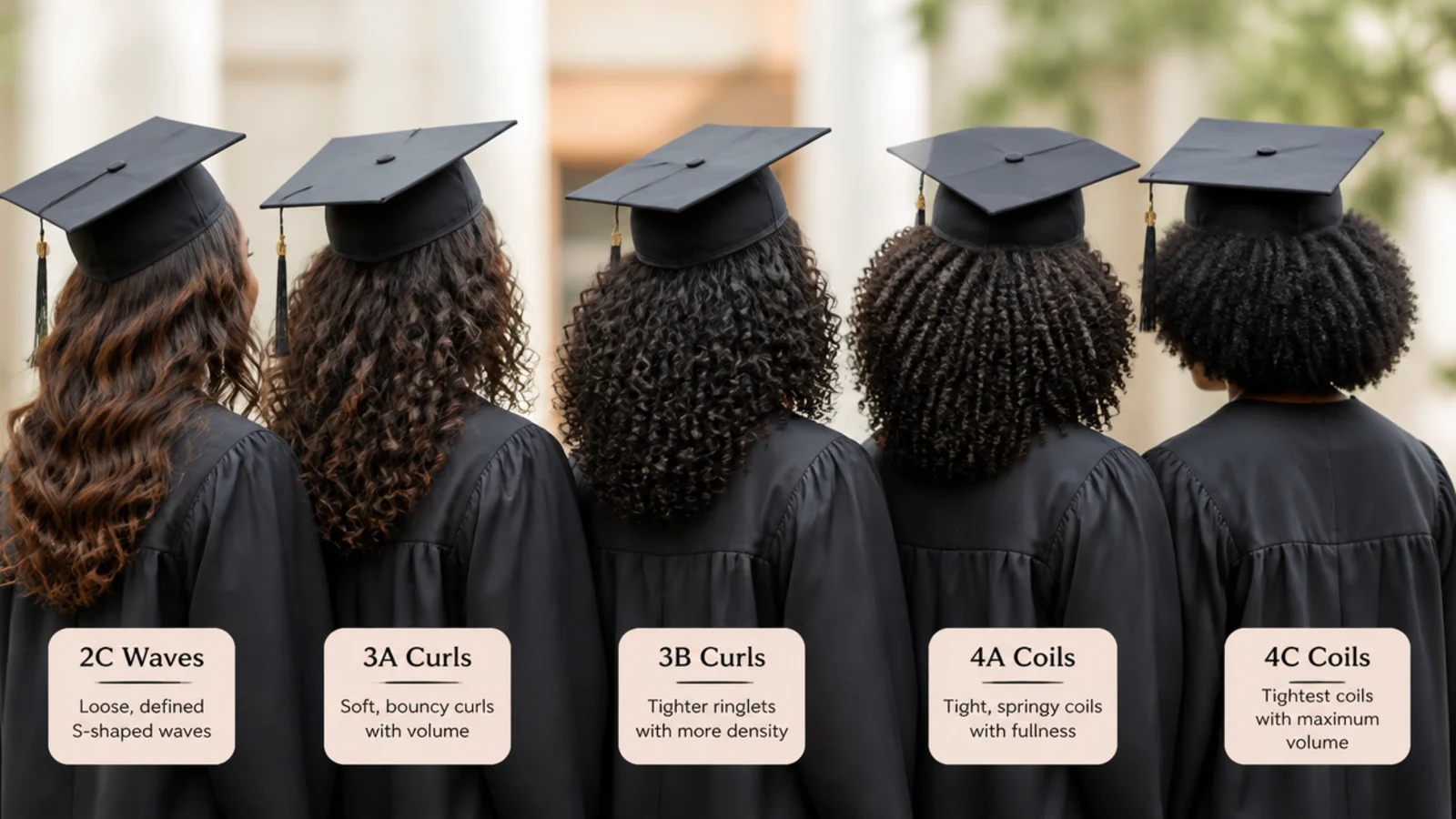 Loose ringlets, springy spirals and tight coils shown side by side