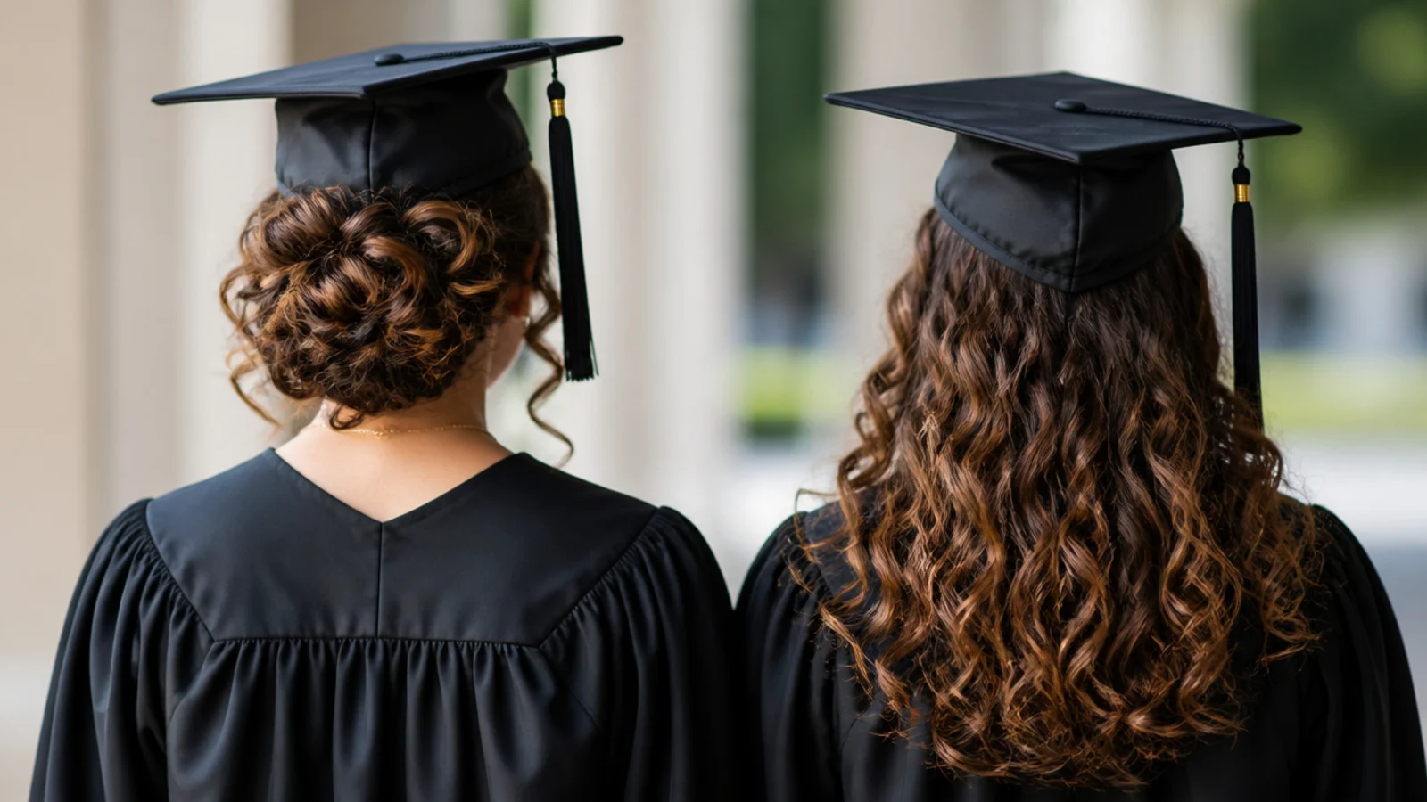 Curly hair shown gathered up and worn loose in two matching portraits