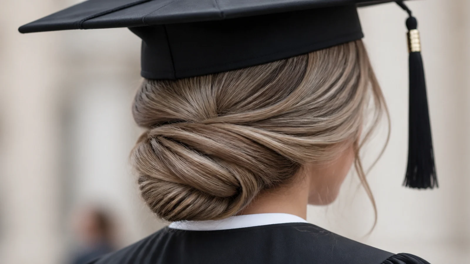 Long hair coiled into a smooth knot pinned at the nape