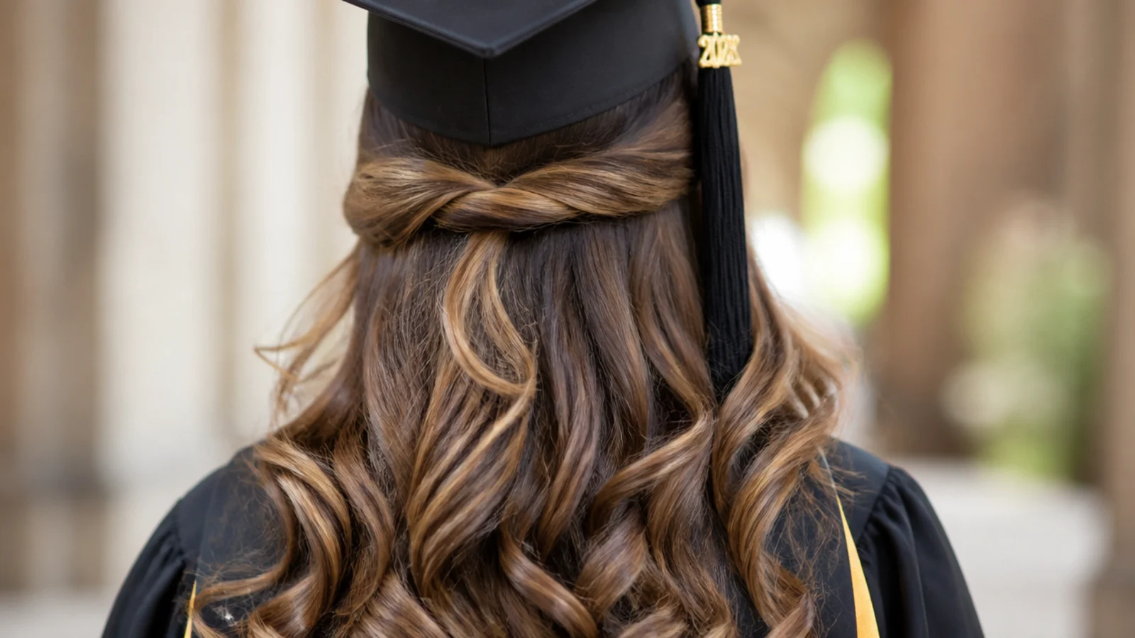 Long curls with the top section gathered and secured at the back