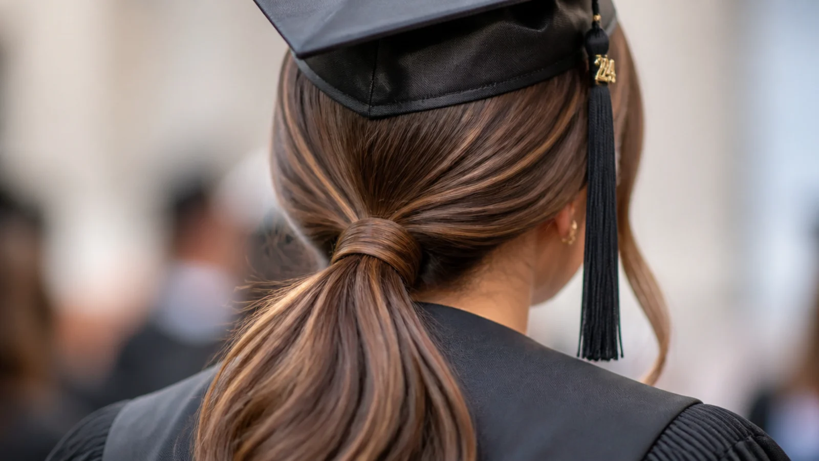 A polished low ponytail with long straight length hanging down the back