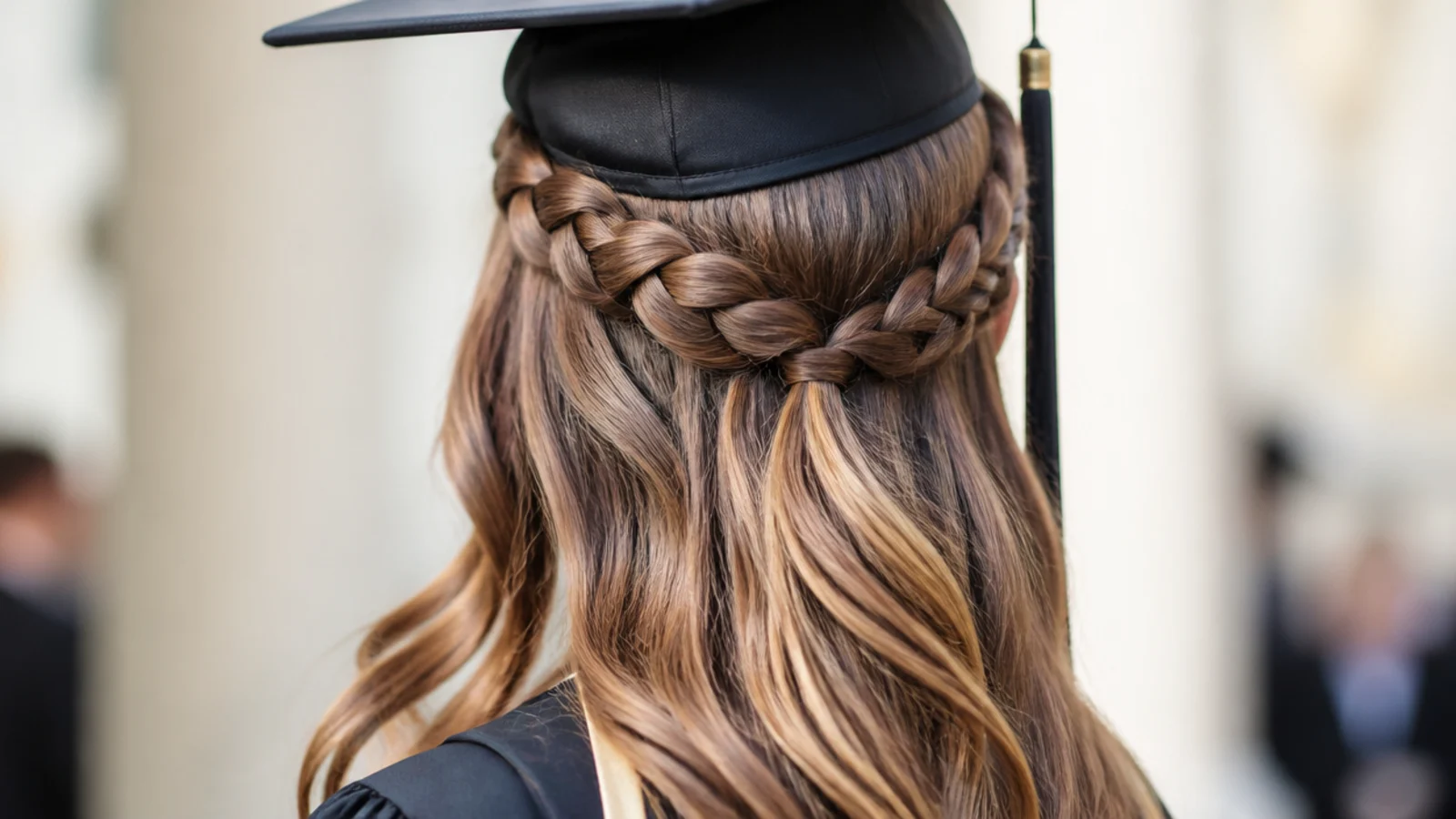 A raised Dutch braid running back into long loose hair