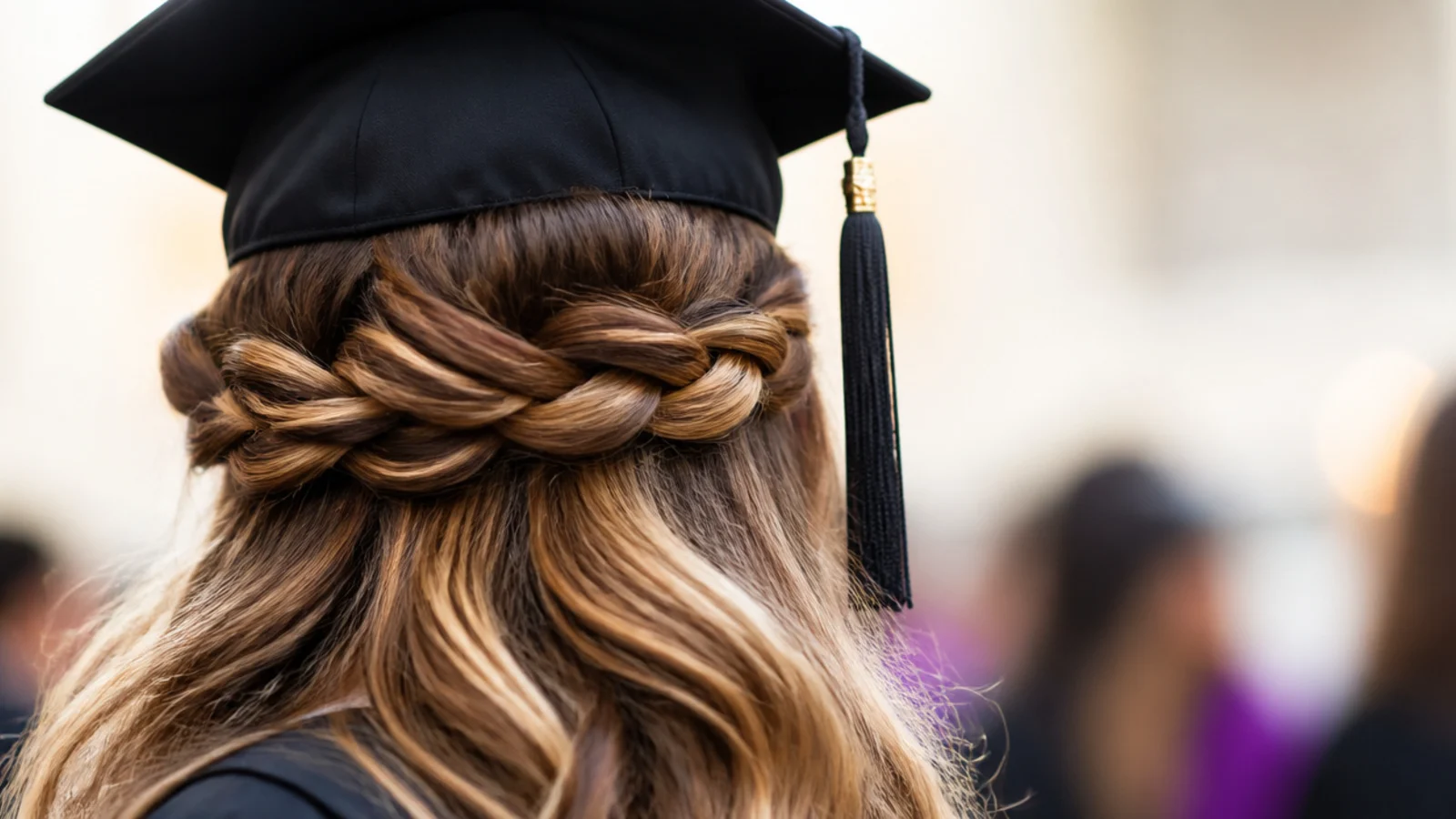 A long braid wrapped fully around the head and pinned