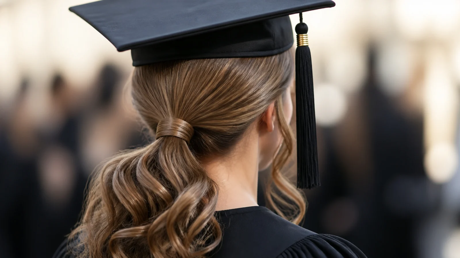 A ponytail smooth at the crown with curled length below the tie
