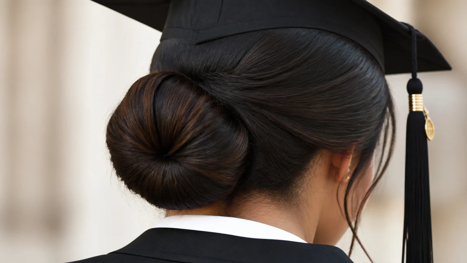 A smooth high bun sitting on the crown