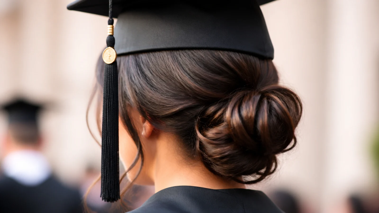 Long hair gathered into a soft bun sitting low behind one ear