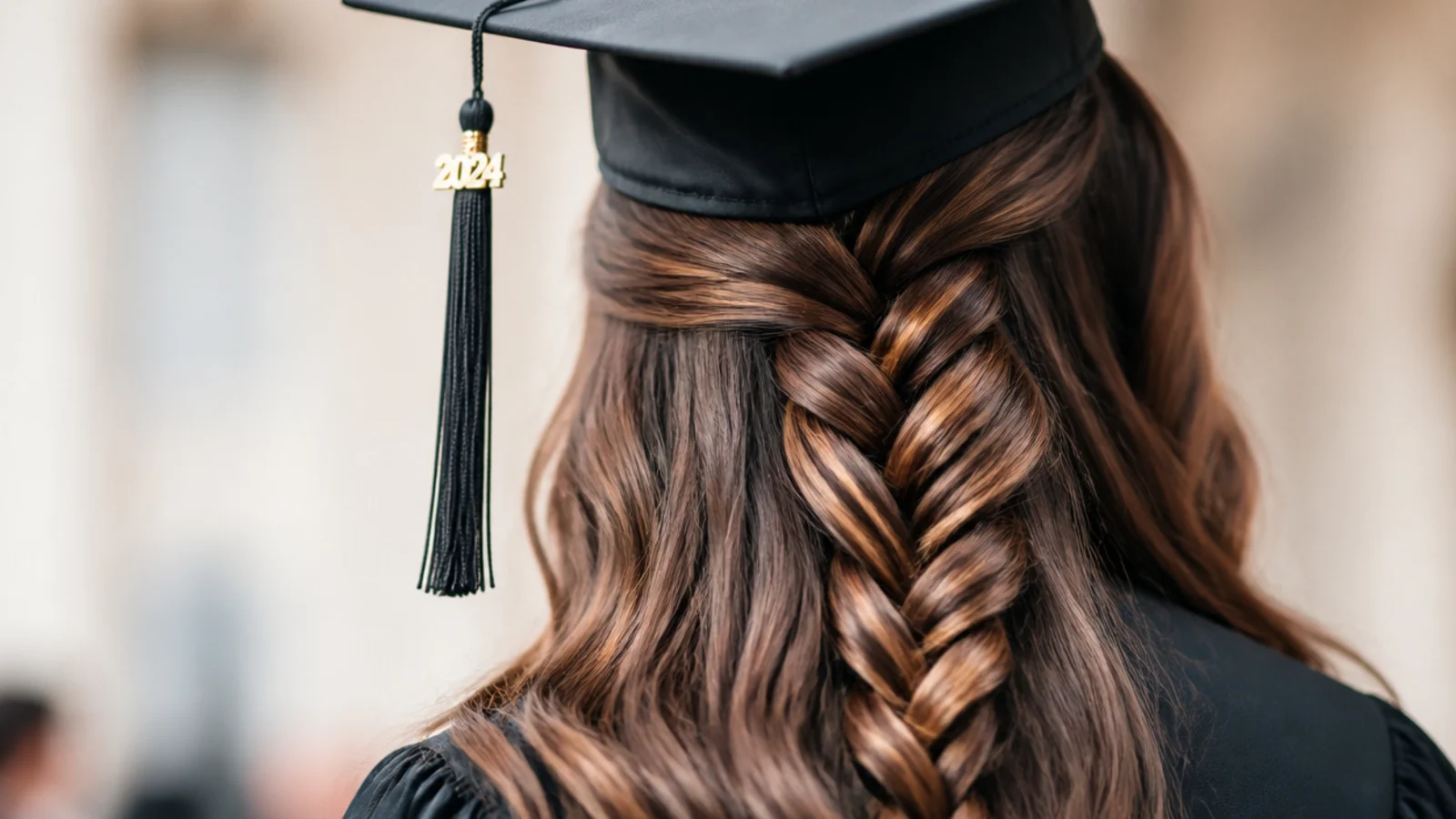 A French braid dropping loose strands as it runs down long hair