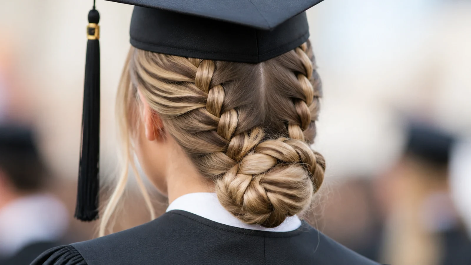 Two Dutch braids running back into a single low bun