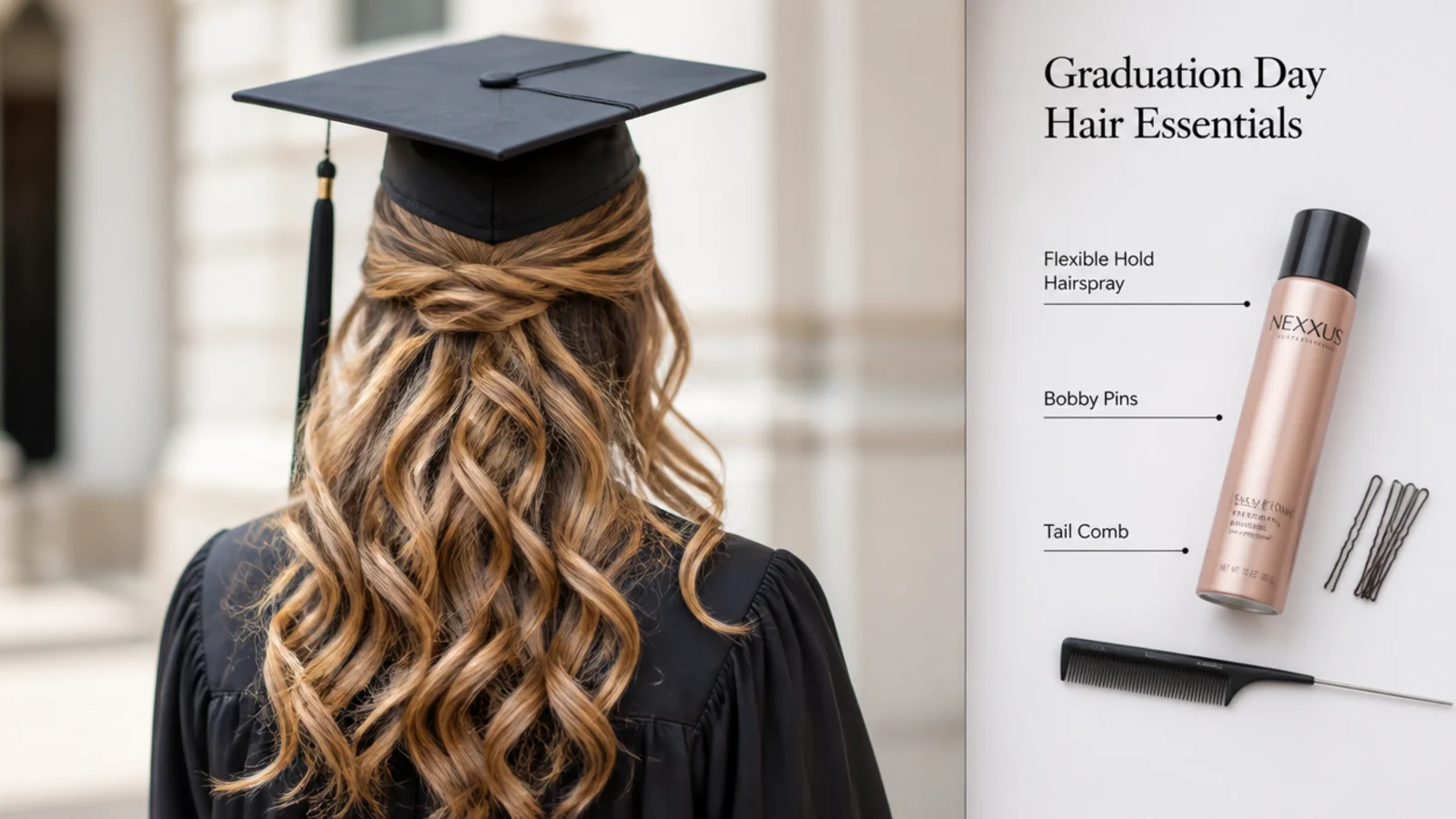 Long hair being sprayed at the ends before pinning