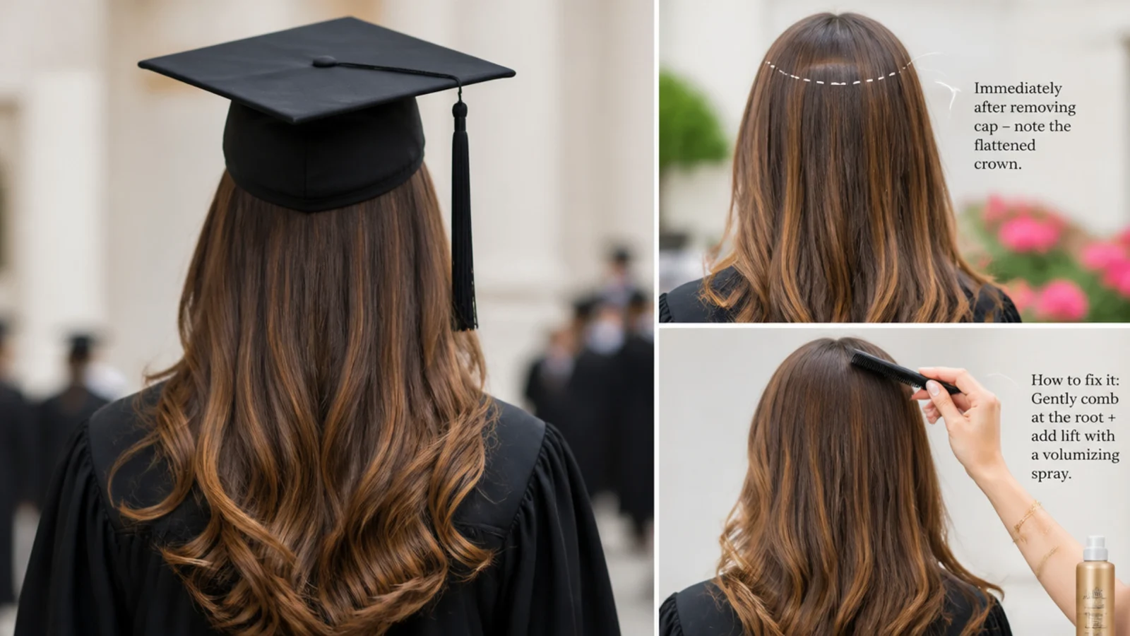 Long hair being shaken out after the graduation cap is removed