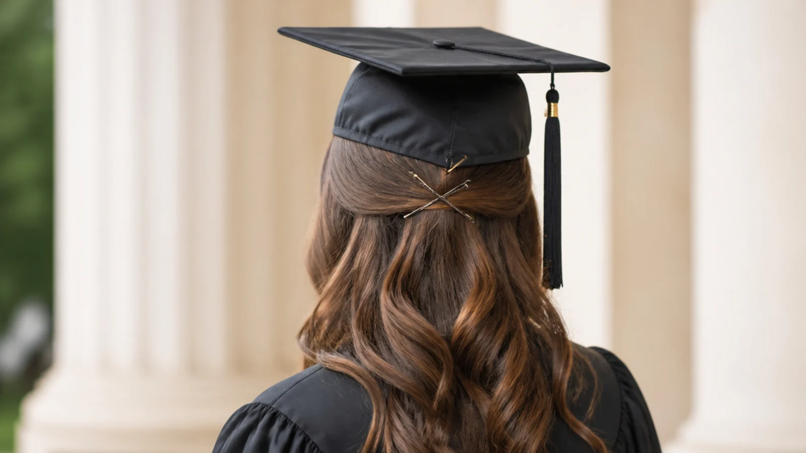A bobby pin being pushed through the inner band of a graduation cap