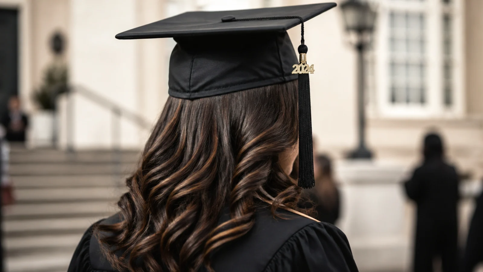 A mortarboard resting level with the band pressing into long hair above the ears