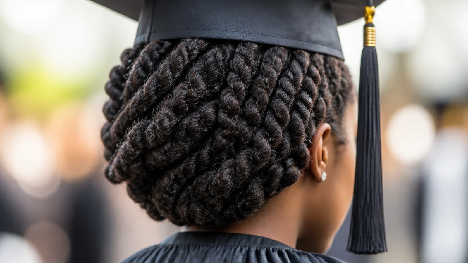 A twist out swept across and pinned behind one ear