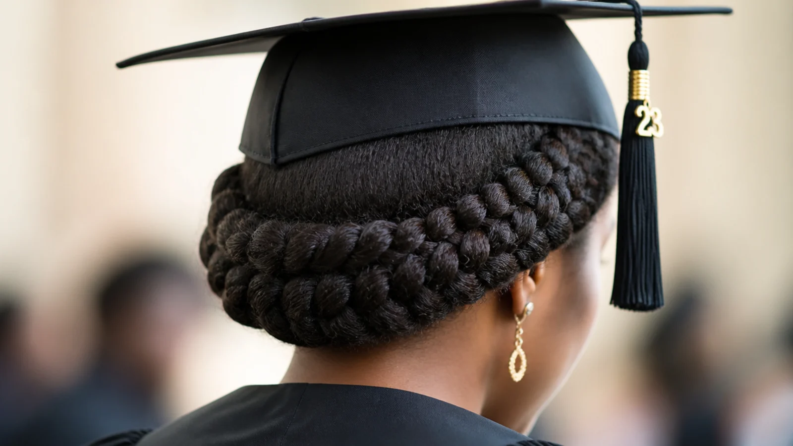 A braid wrapped low around the back of the head and pinned in place