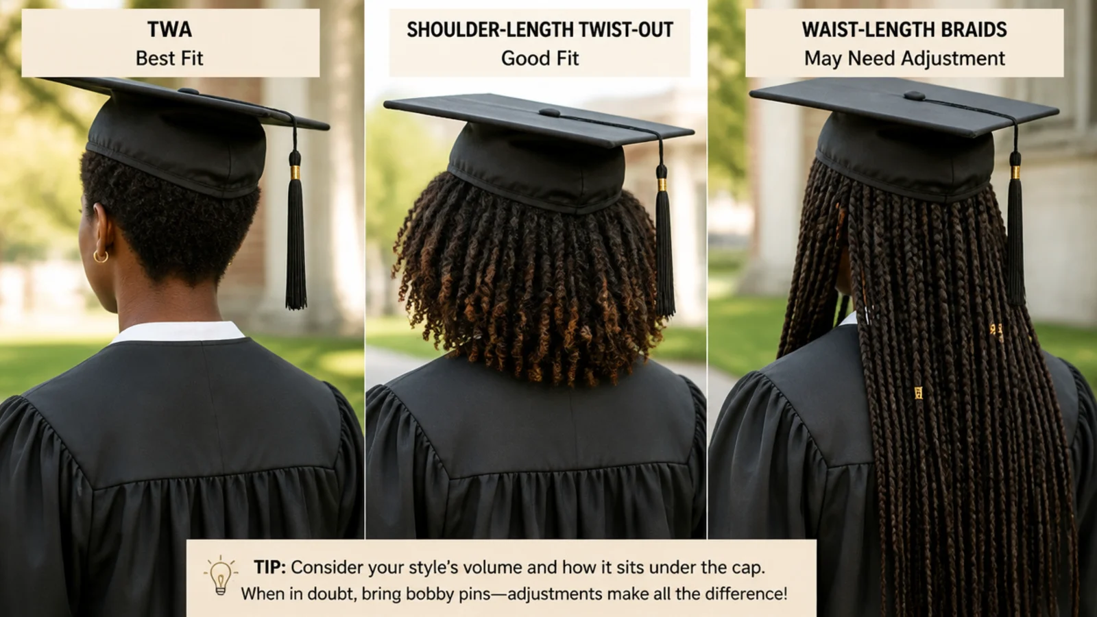 A short afro, mid length coils and long braids compared under the same cap line