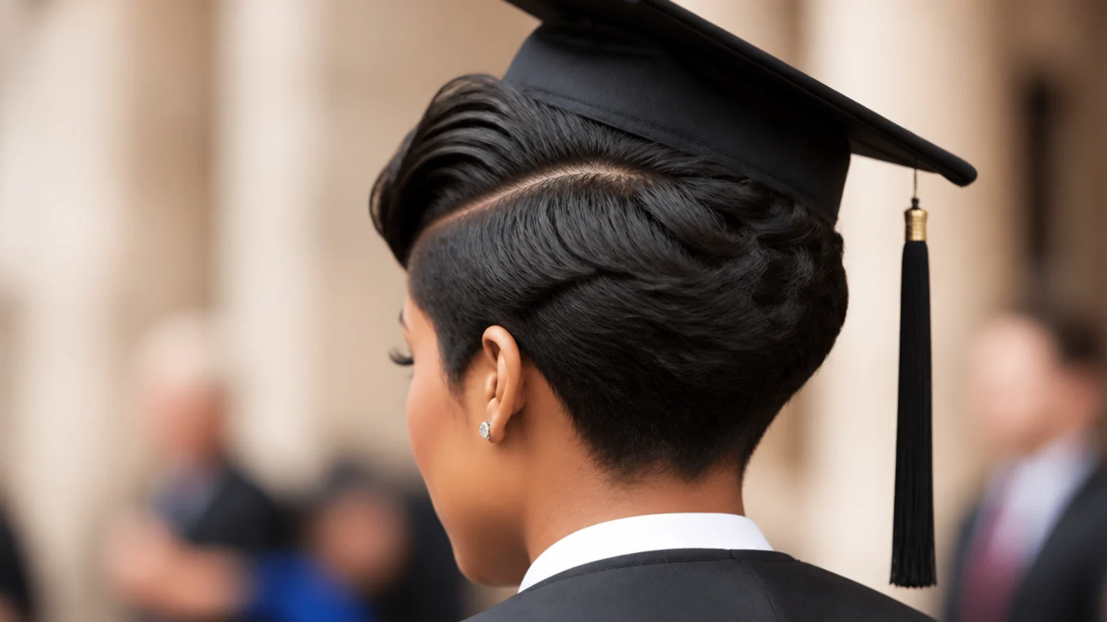 A pixie cut with a deep side part and volume on the heavier side