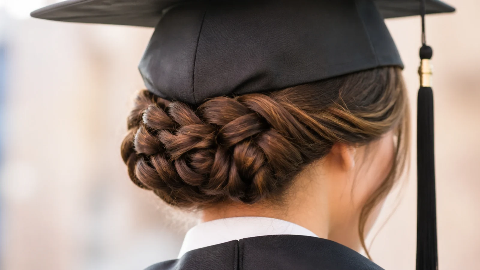 A short braid wrapped around the head and pinned flat