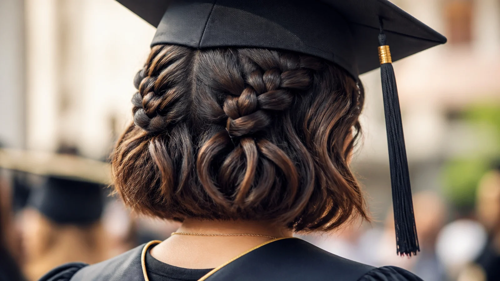 Two Dutch braids worked into a bob with the ends pinned under